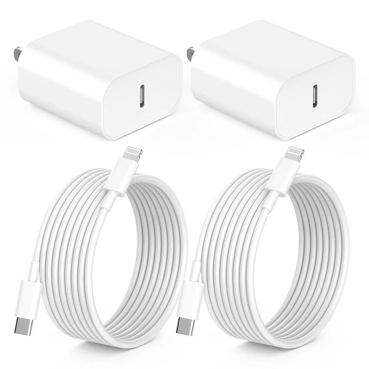 White compact USB-C wall charger with two ten-foot white Lightning cables coiled beside it