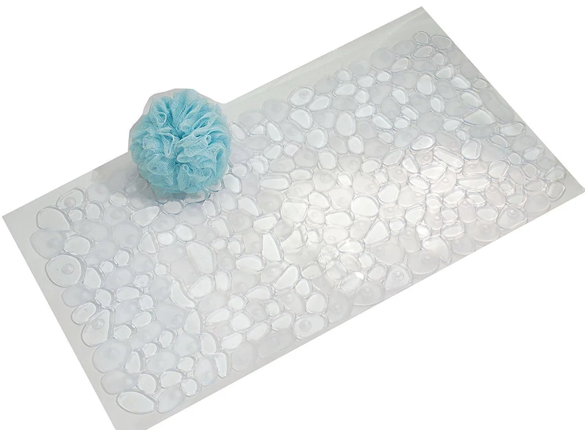 Clear plastic bath mat with textured pebble surface and suction cups, 13.75 by 26.5 inches