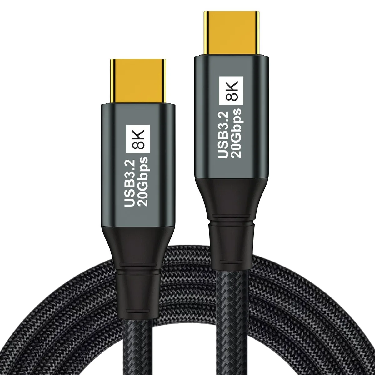 Braided USB-C to USB-C cable, male-to-male connectors, five feet long