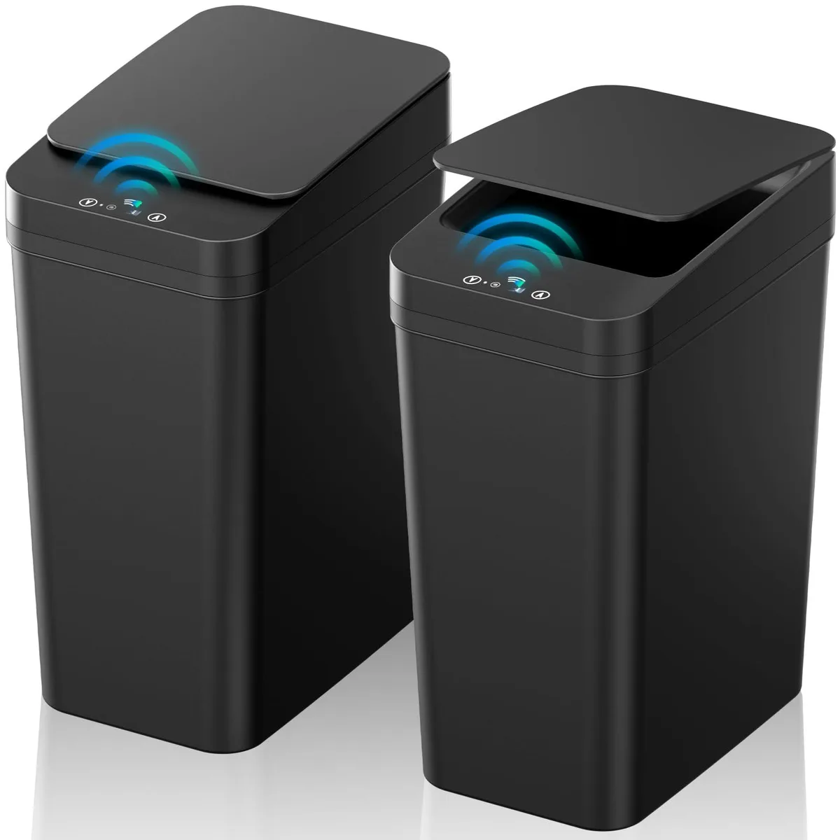 Two slim black sensor bins with automatic lids, narrow rectangular shape, smooth matte finish