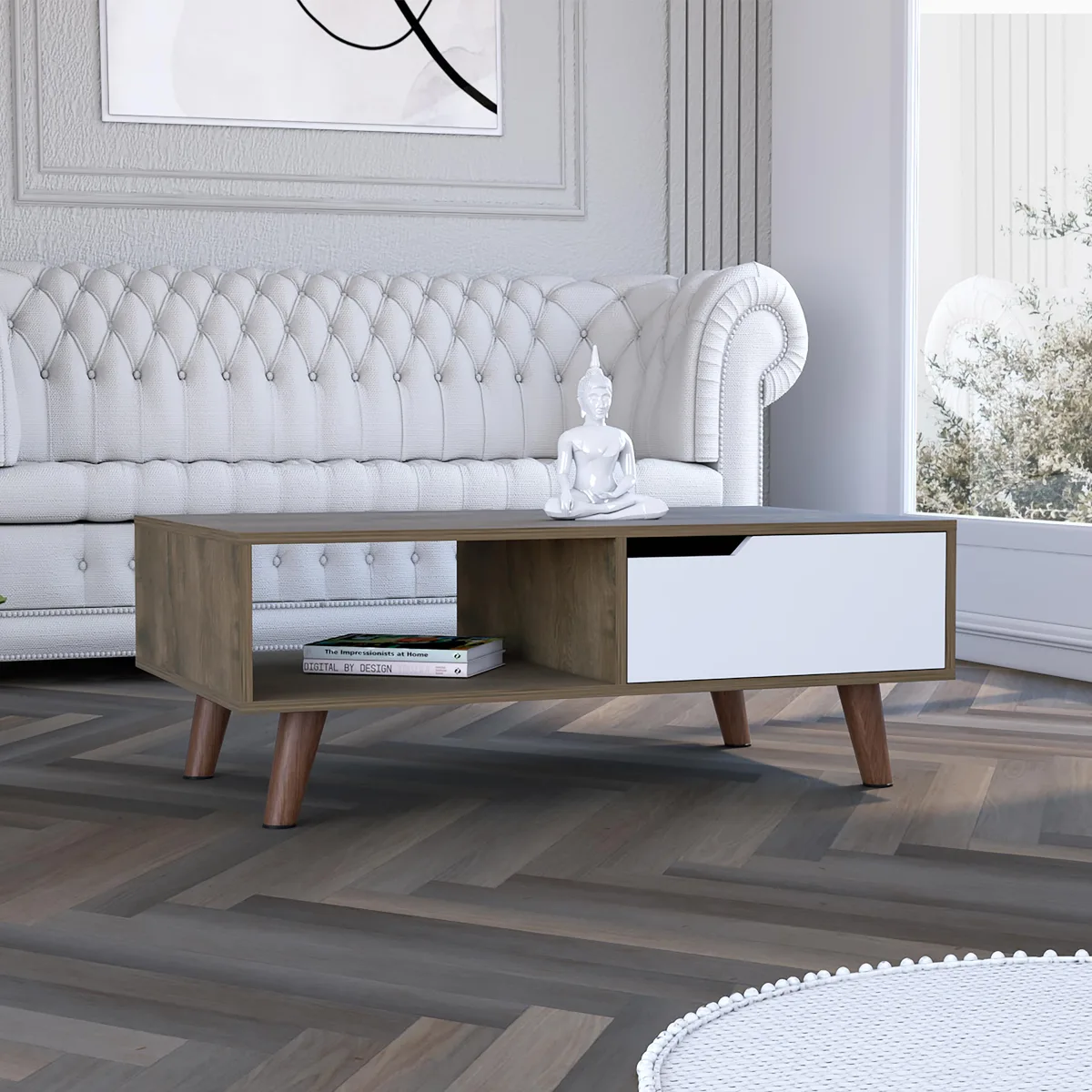 Multicolor engineered wood coffee table with four legs, one drawer and an open shelf