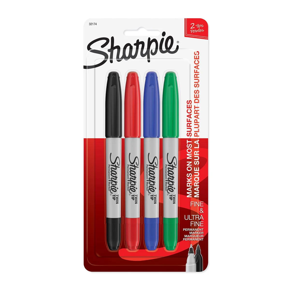 Four Sharpie twin-tip markers in assorted colours