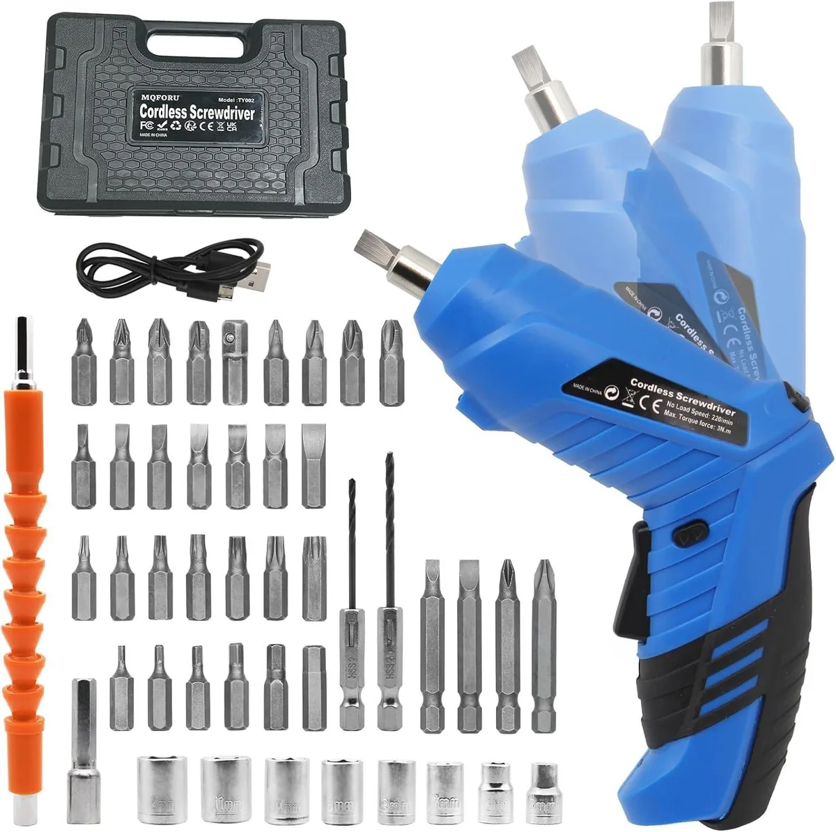 Blue cordless screwdriver with 47-piece accessory set and flexible shaft