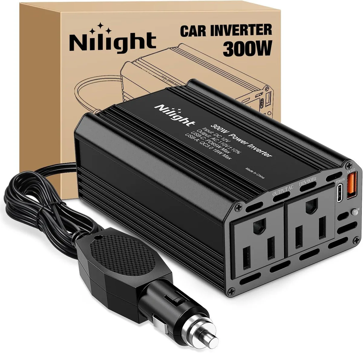 Donerton Donerton 300W Power Inverter 12V to 110V AC PD 65W USB-C QC3.0 Black — product photo