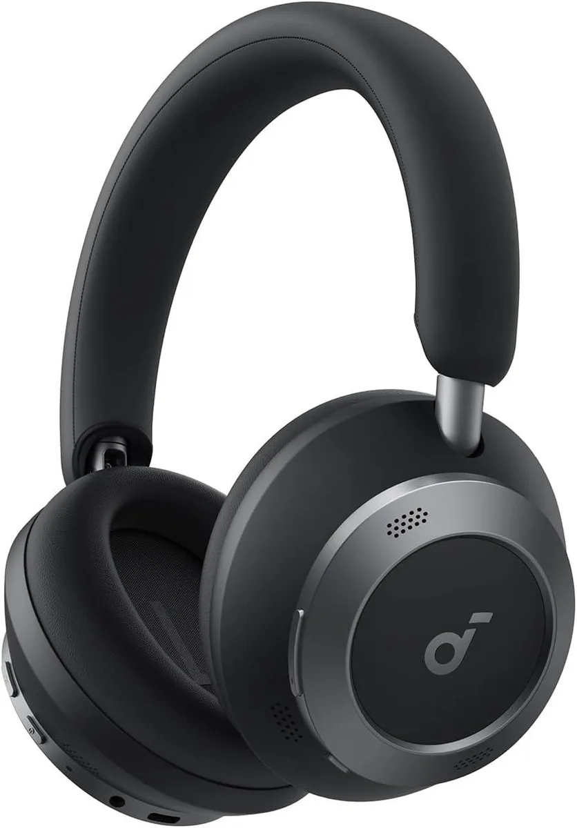 Black over-ear headphones with foldable hinges and matte finish