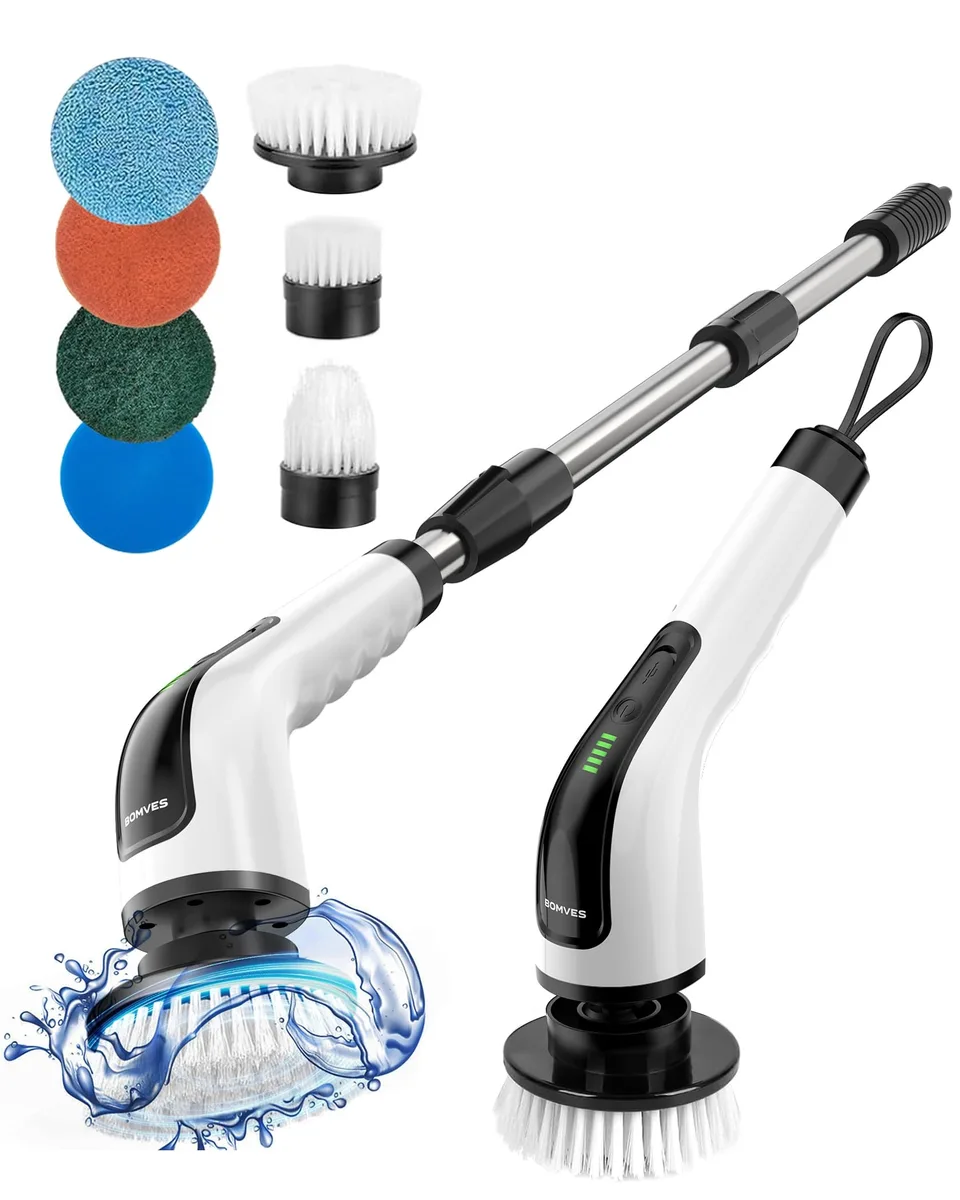 White cordless electric spin scrubber with adjustable telescopic handle and interchangeable brush heads