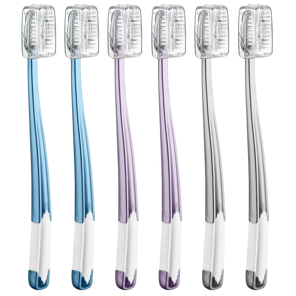 Six red manual toothbrushes with angled heads, rubberised grips and protective covers