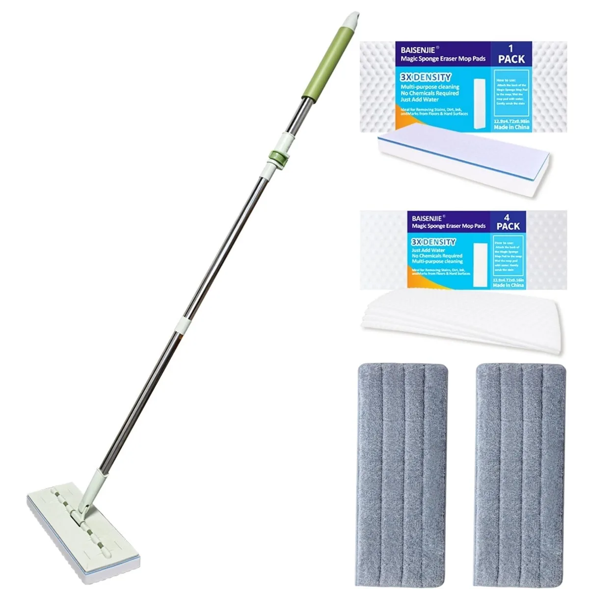 3M Magic Sponge Eraser Mop with 60-inch adjustable handle, 13-inch flat head, microfiber and melamine pads