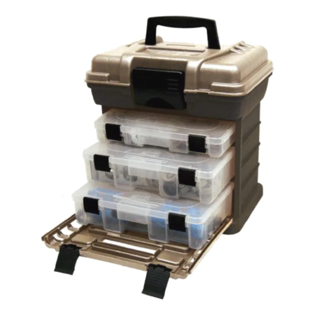 Graphite gray and sandstone toolbox with partitioned trays, 13.71 x 10 x 13.31 inches