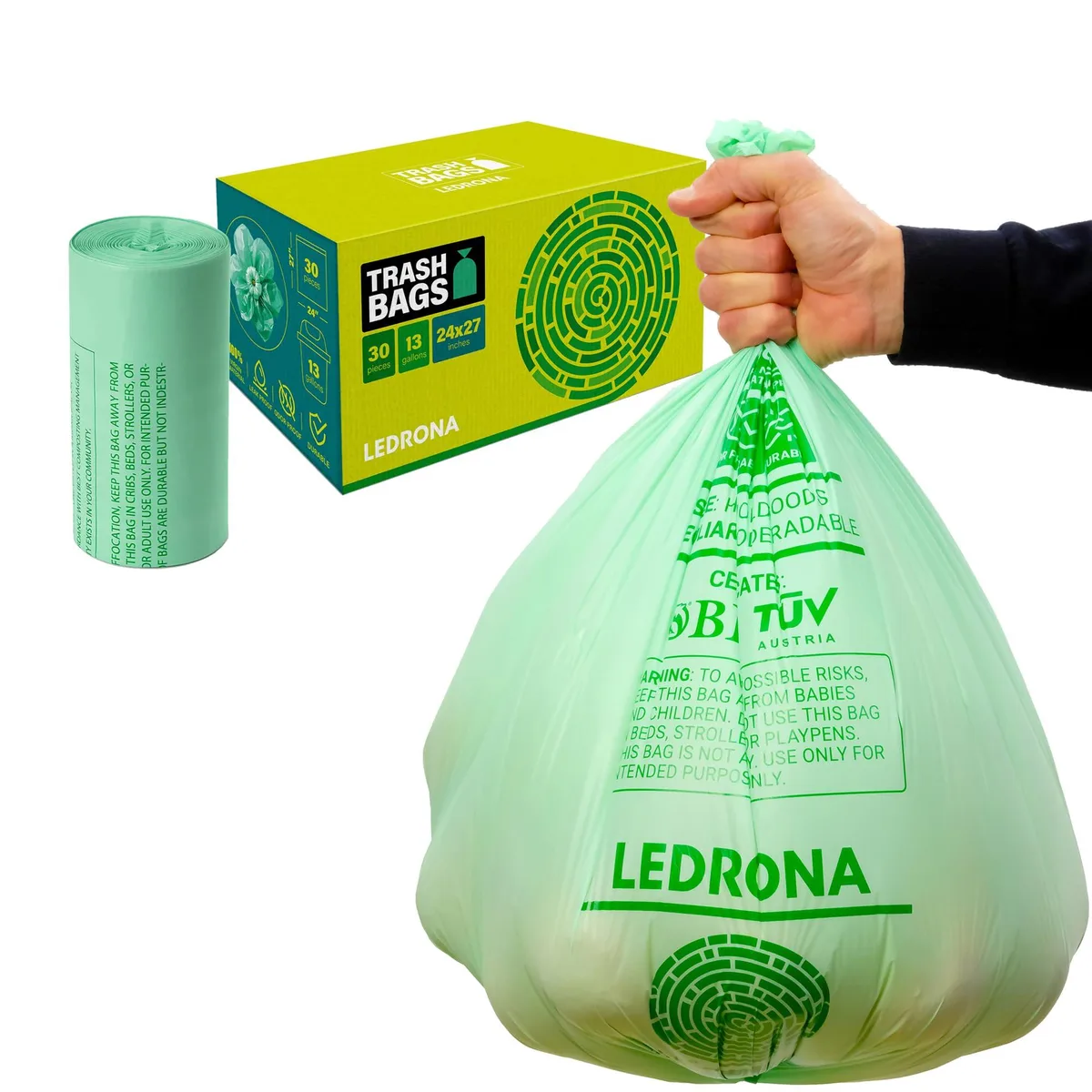 White compostable garbage bags in a 30-count pack for 13-gallon bins