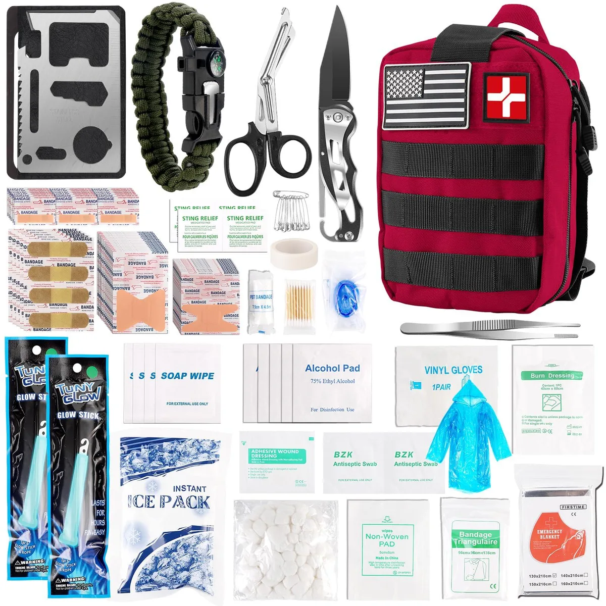 Red nylon MOLLE first aid pouch with organized compartments and survival tools