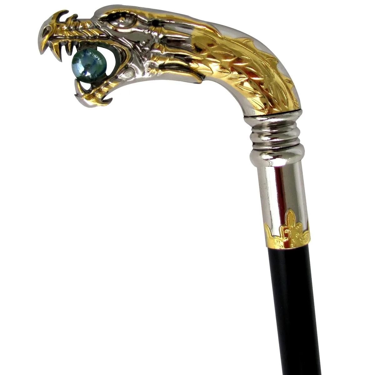 Silver-plated dragon head cane, 34-inch metal shaft, antique finish