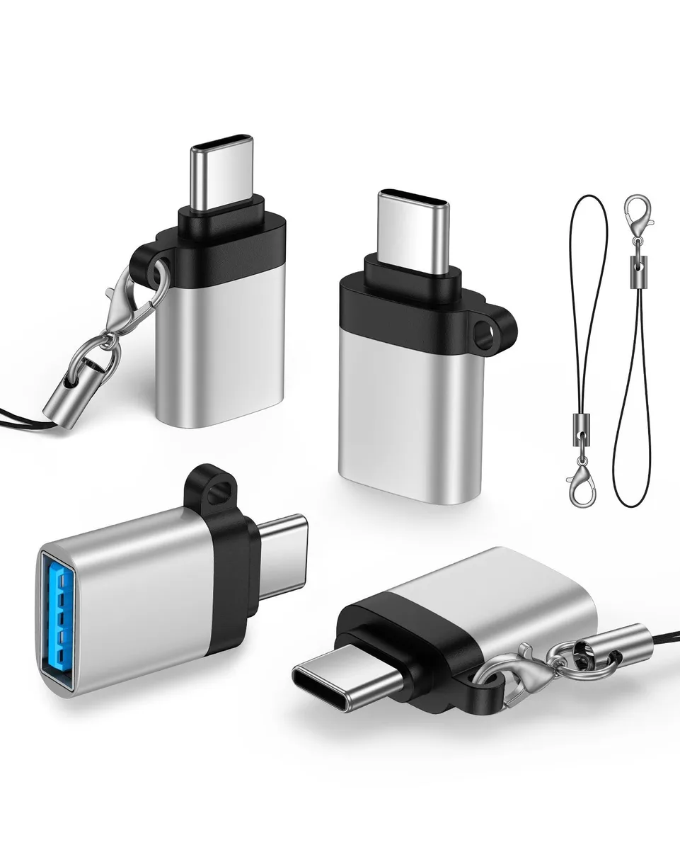 Four silver USB-C to USB-A adapters in a pack