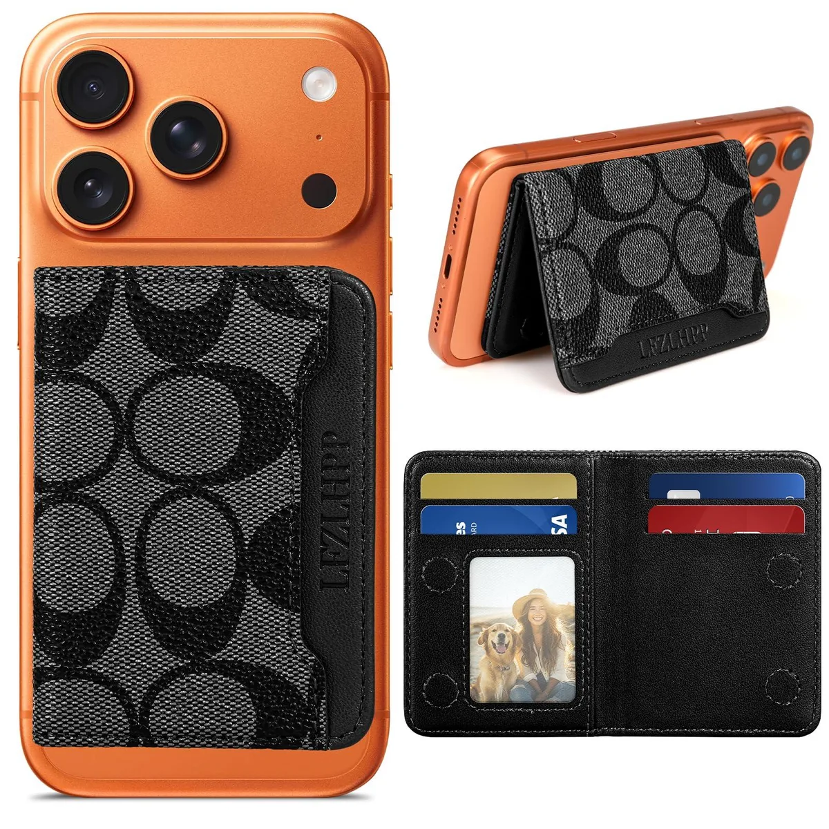 Black PU leather bifold wallet stand with magnetic rotating holder for iPhone 12-17 Pro Max