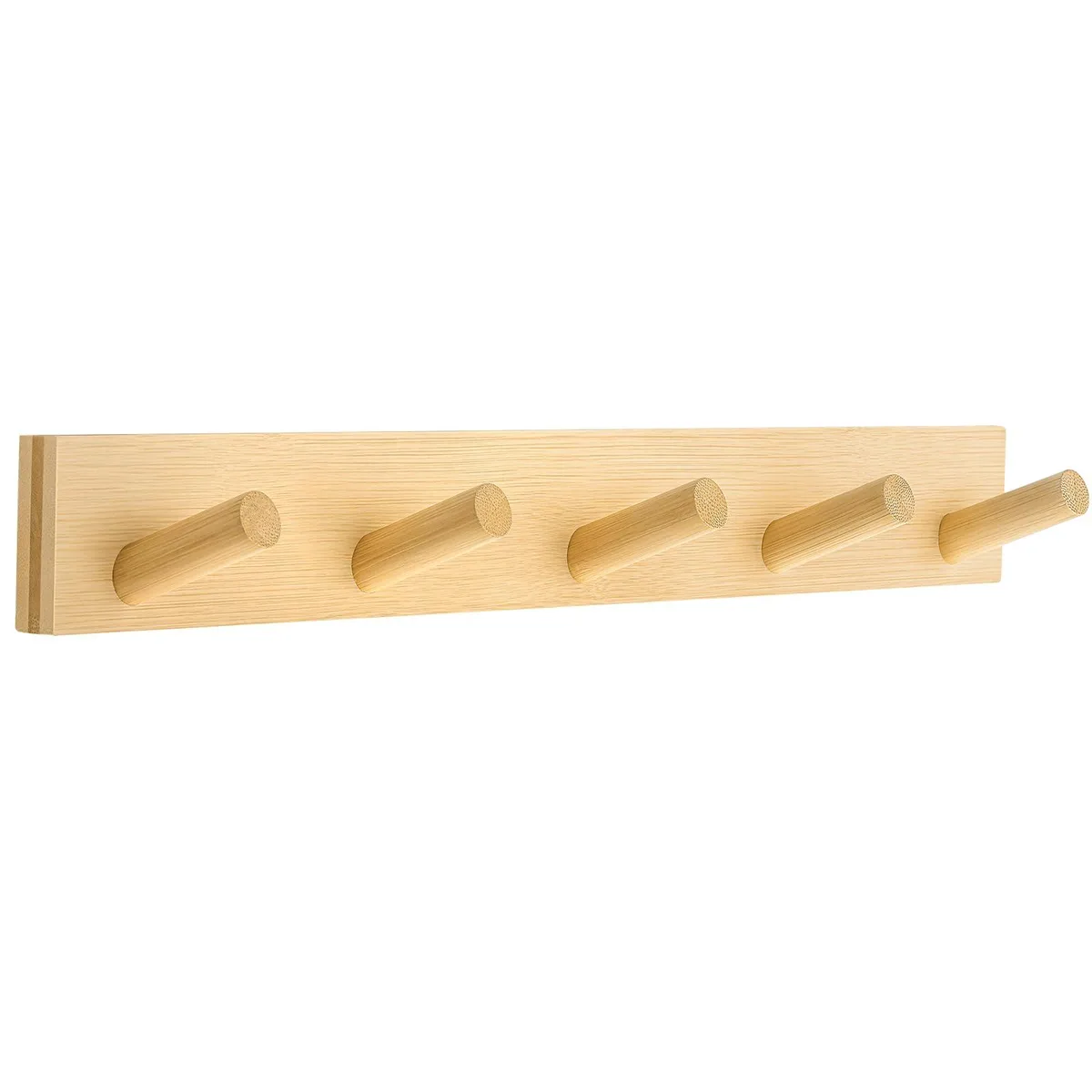 Light bamboo coat rack with five rounded hooks on a 16.5 inch back plate