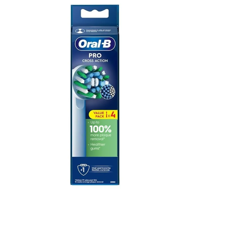 Four white round brush heads with soft angled bristles in a pack