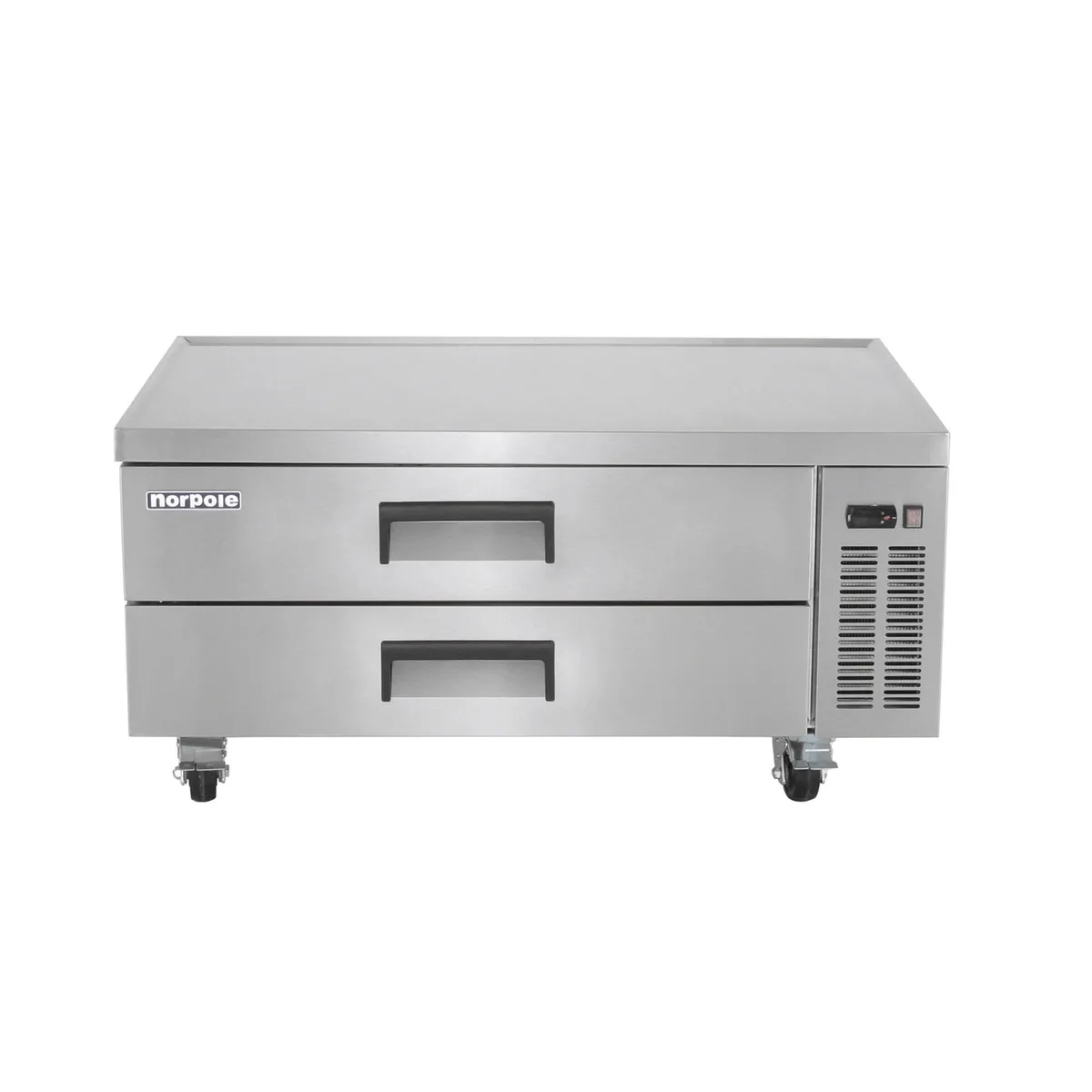 Stainless steel commercial chef base, 52 inches wide, two drawers, heavy-duty casters
