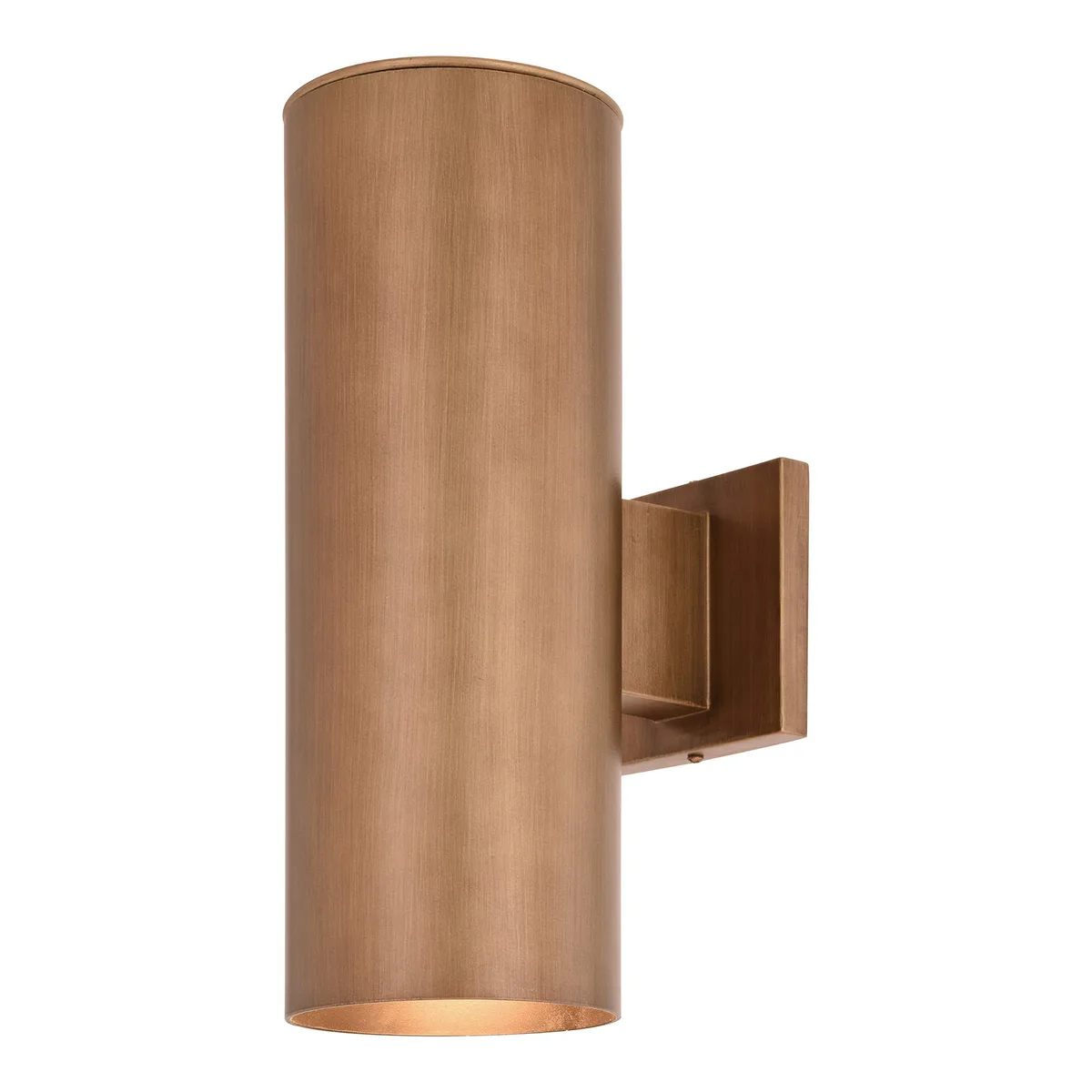 Cylindrical warm brass outdoor wall sconce with clear glass top for up-down lighting
