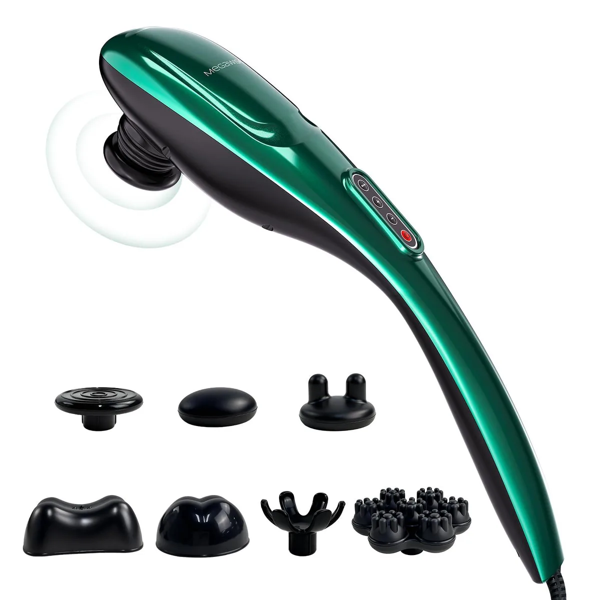 Green handheld percussion massager with ergonomic handle and multiple attachment nodes