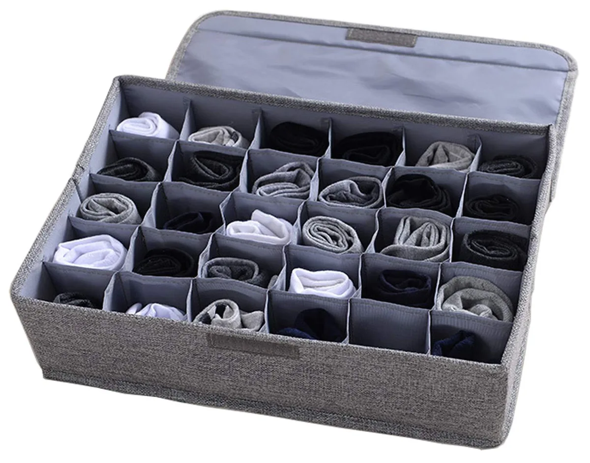 Gray fabric drawer organizer with 30 cells and lid