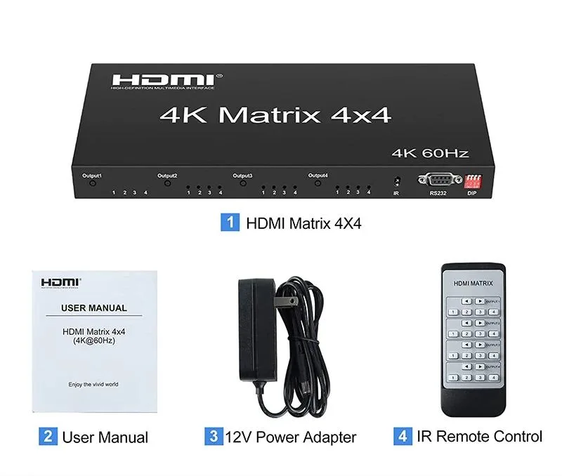 YINGHUA YINGHUA 4x4 HDMI 2.0 Matrix KVM Switch 4K 60Hz HDCP 2.2 RS232 UK Plug — product photo