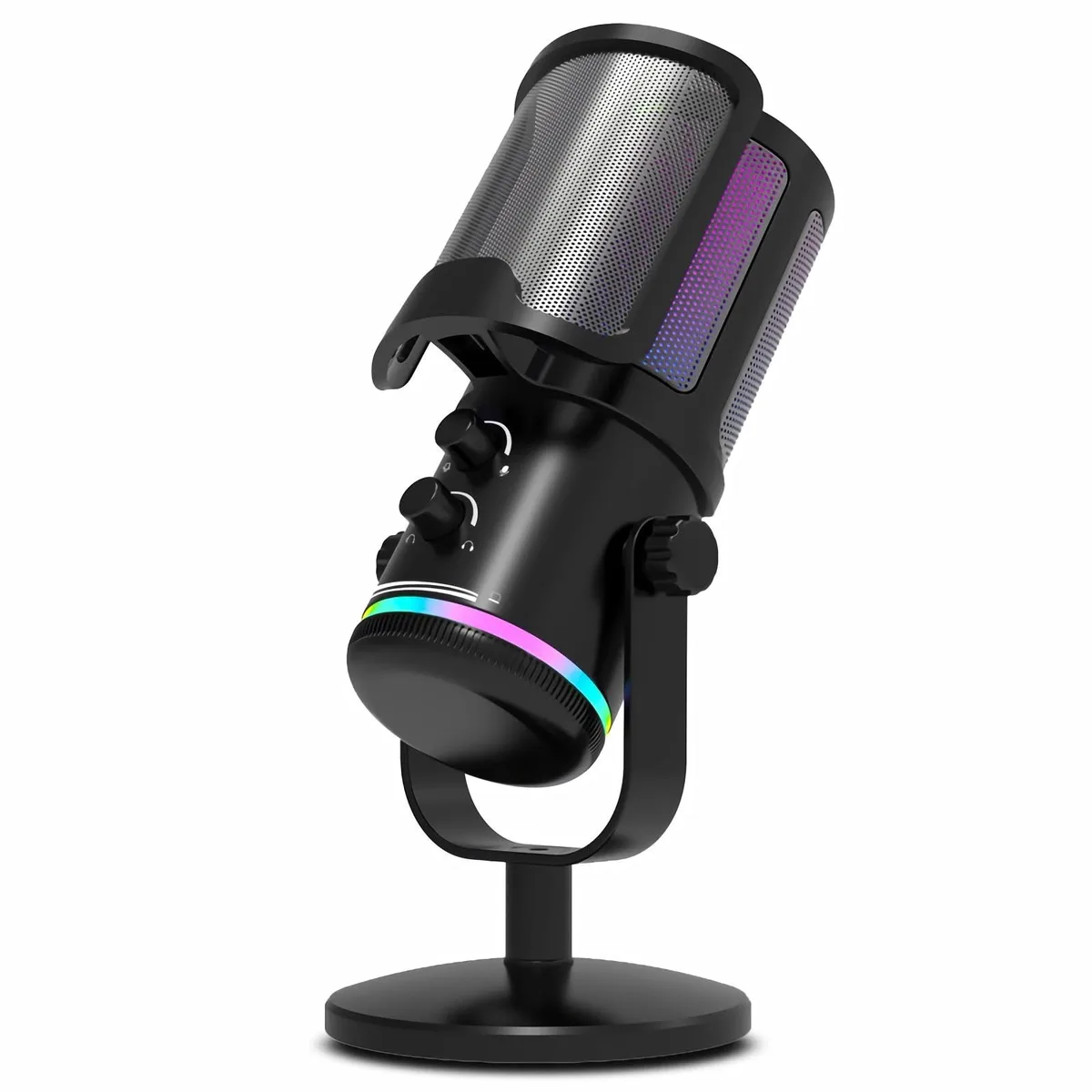 Black cylindrical USB condenser microphone with mesh grille, control knobs, RGB lighting and desktop stand