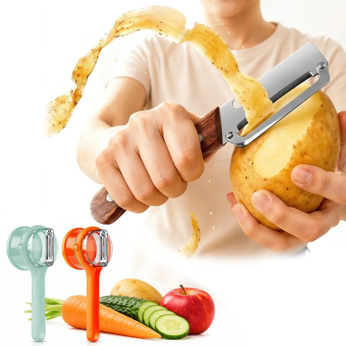 Two stainless steel peelers, one with container and bottle opener, ergonomic handles