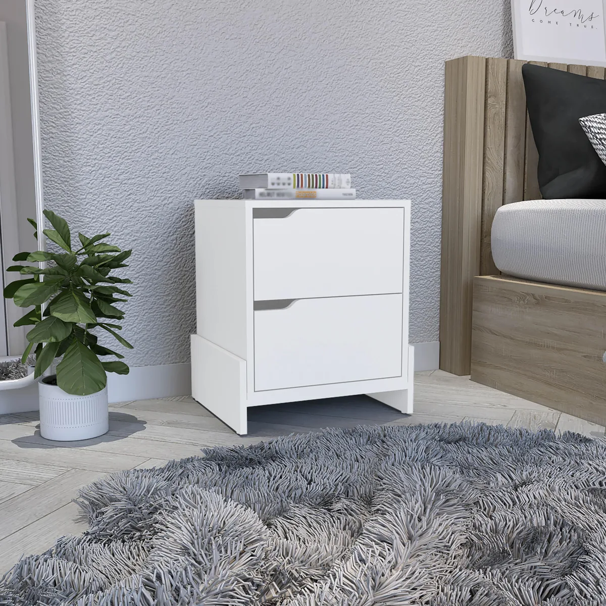 White two-drawer nightstand, particle board, clean lines, flat-front drawers, simple metal pulls