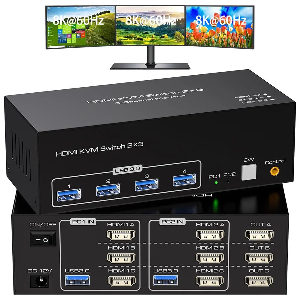IHDAPP IHDAPP 8K@60Hz 4K@120Hz HDMI KVM Switch 3 Monitors 2 Computers USB 3.0 Wired Remote — product photo