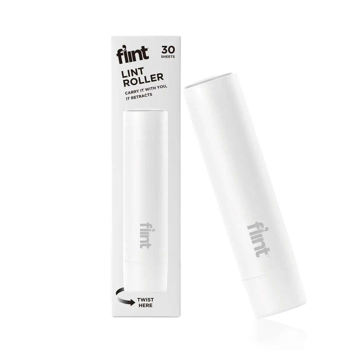 White retractable mini lint roller, 3.7 by 13.9 cm, 30 sheets