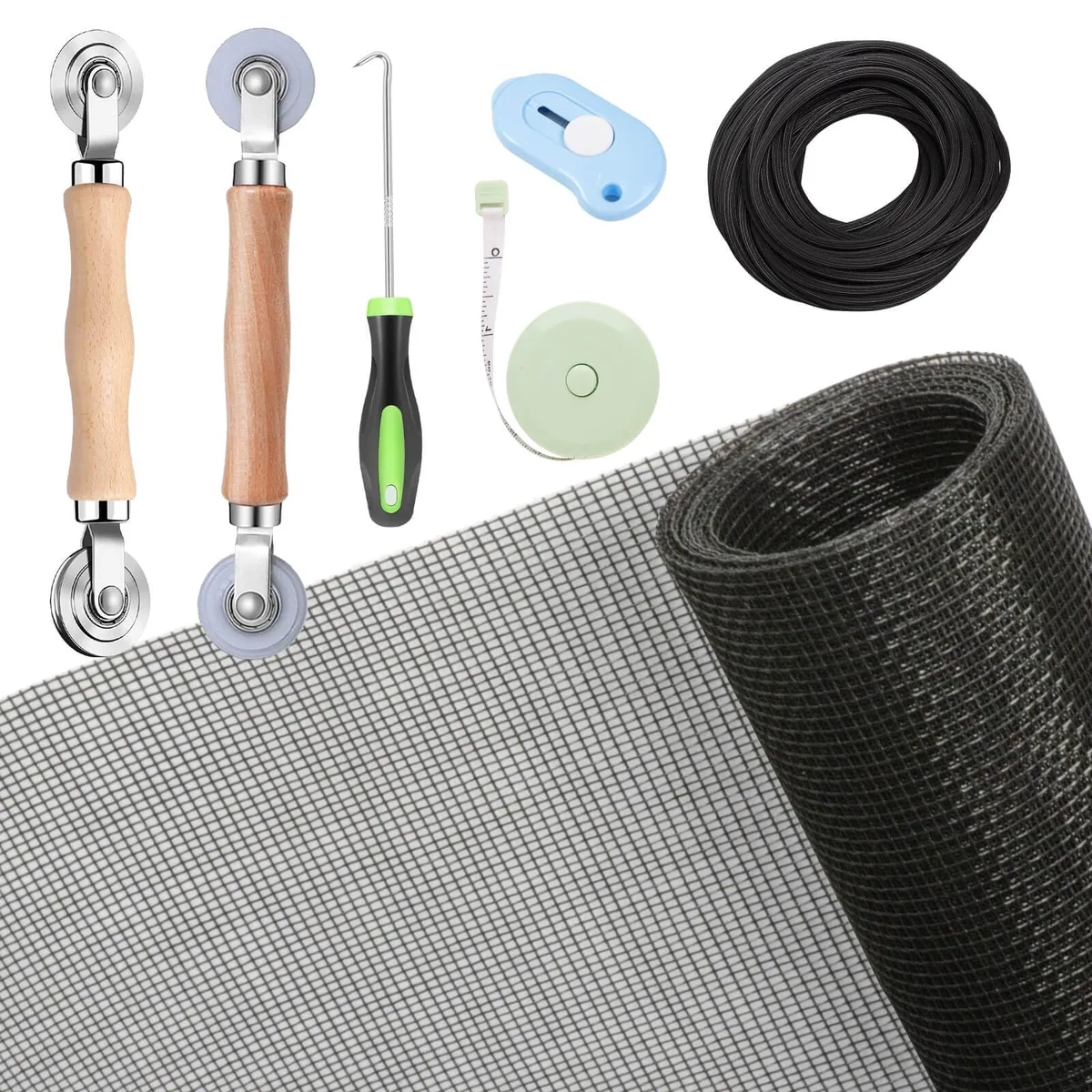 Charcoal fiberglass mesh kit with roller tool spline hook knife and ruler folded in box