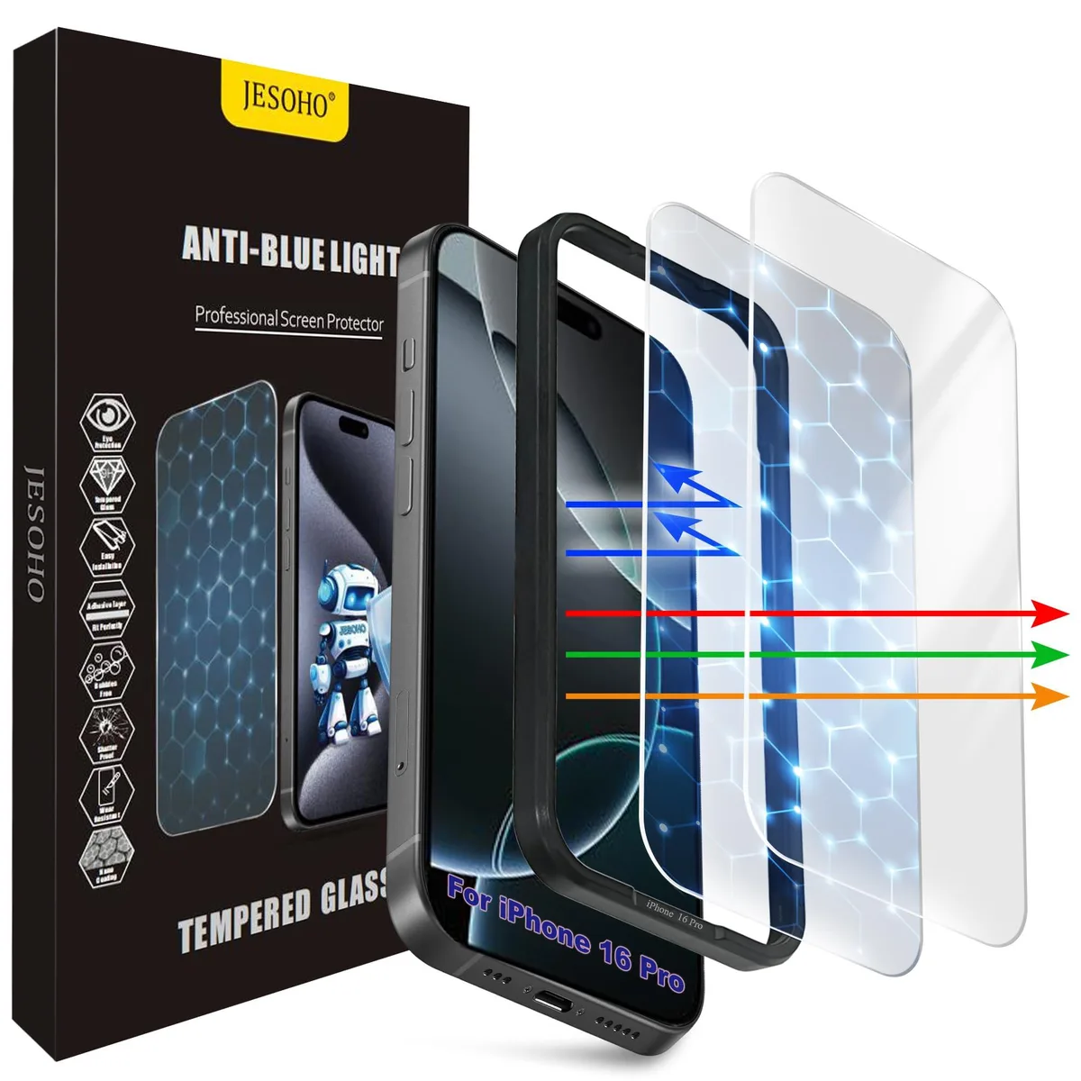  JESOHO Blue Light Screen Protector iPhone 16 Pro &amp; 17 6.3 inch cell phones - unlocked — product photo