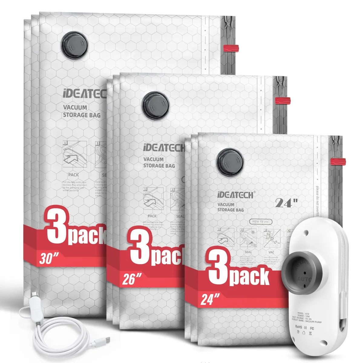 Set of vacuum storage bags with USB pump, carry-on size