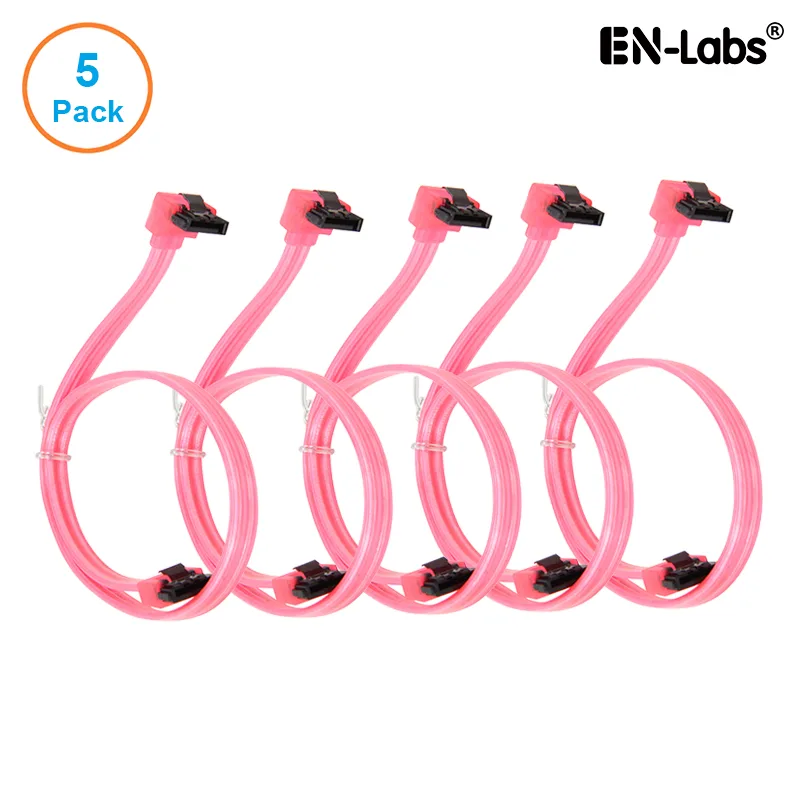 EN-Labs EN-Labs 5PKSATAIII45CMRD90 5-pack SATA cable UV Red 18 inch 90 degree locking latch — product photo