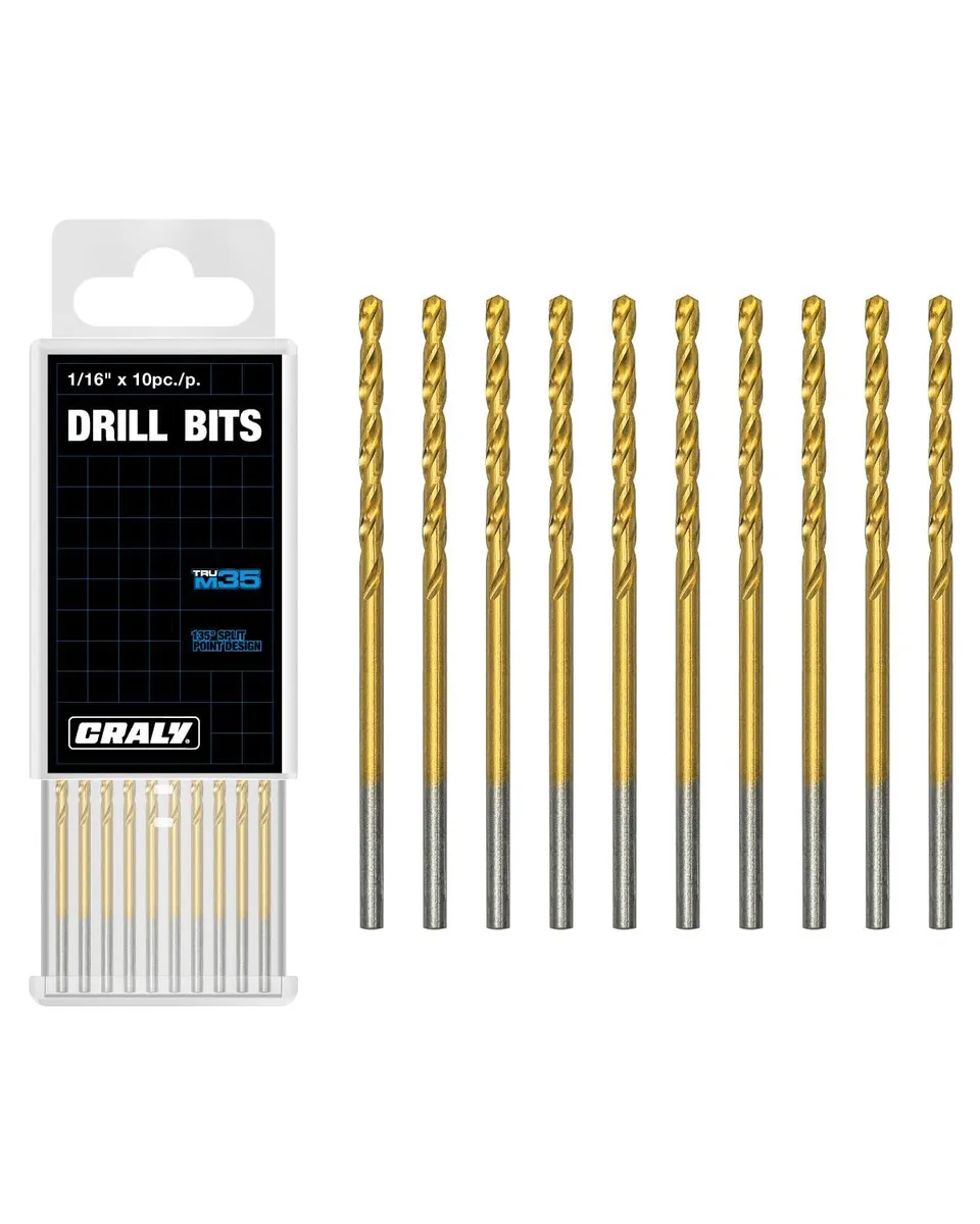 Ten 1/16 inch cobalt drill bits with gold titanium coating in a plastic case