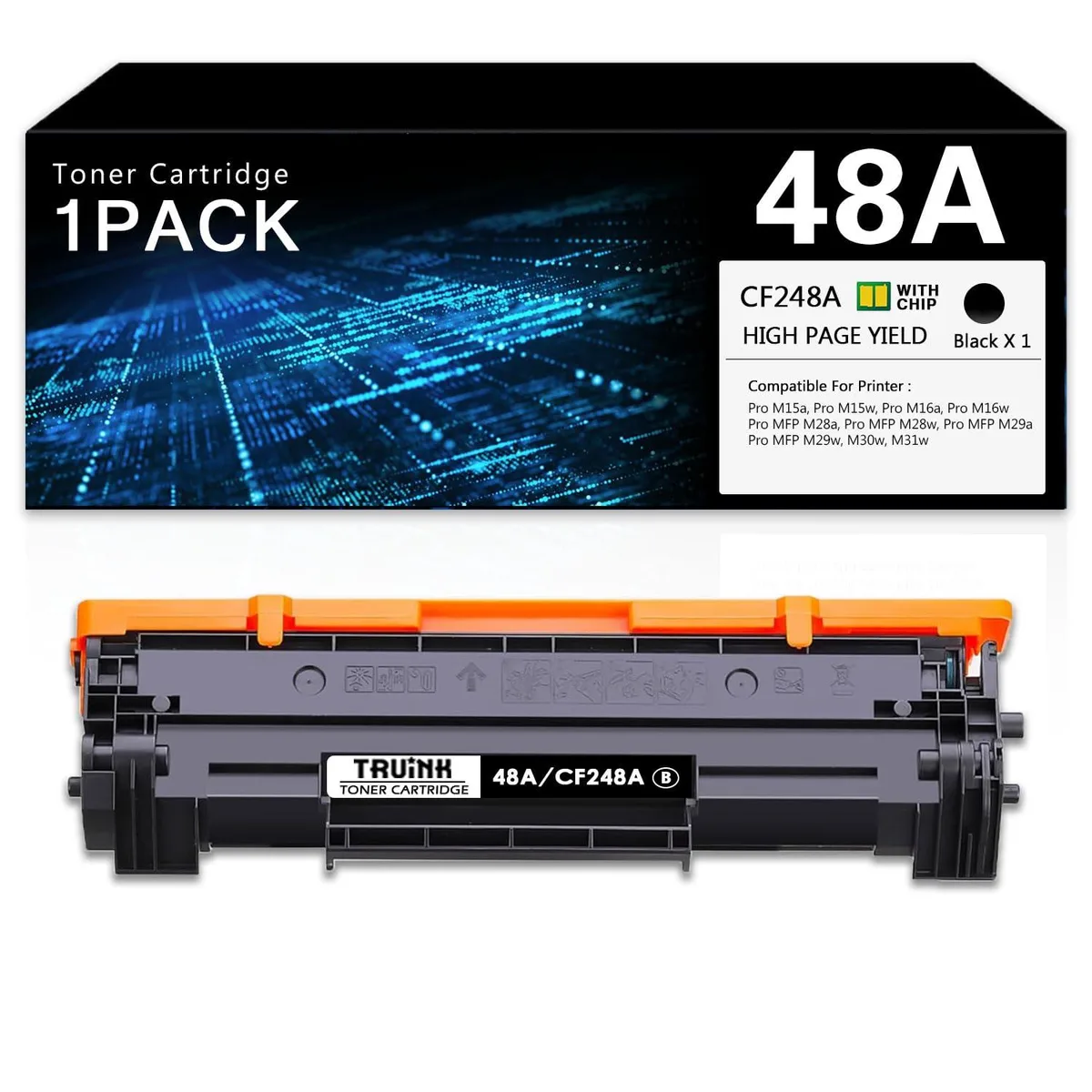Rectangular black toner cartridge with green drum and smart chip visible
