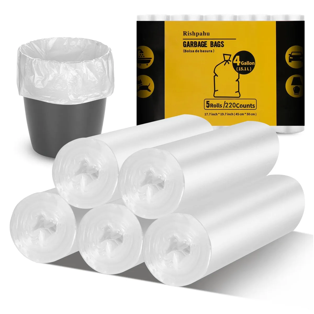 Box of 220 transparent 4‑gallon trash bags, 19.7 by 16.8 inches