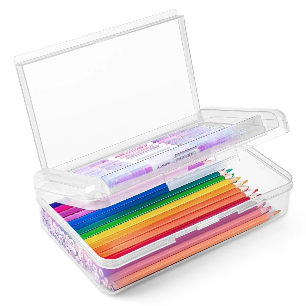 Transparent double-layer plastic pencil case with snap-tight lid and buckle closure