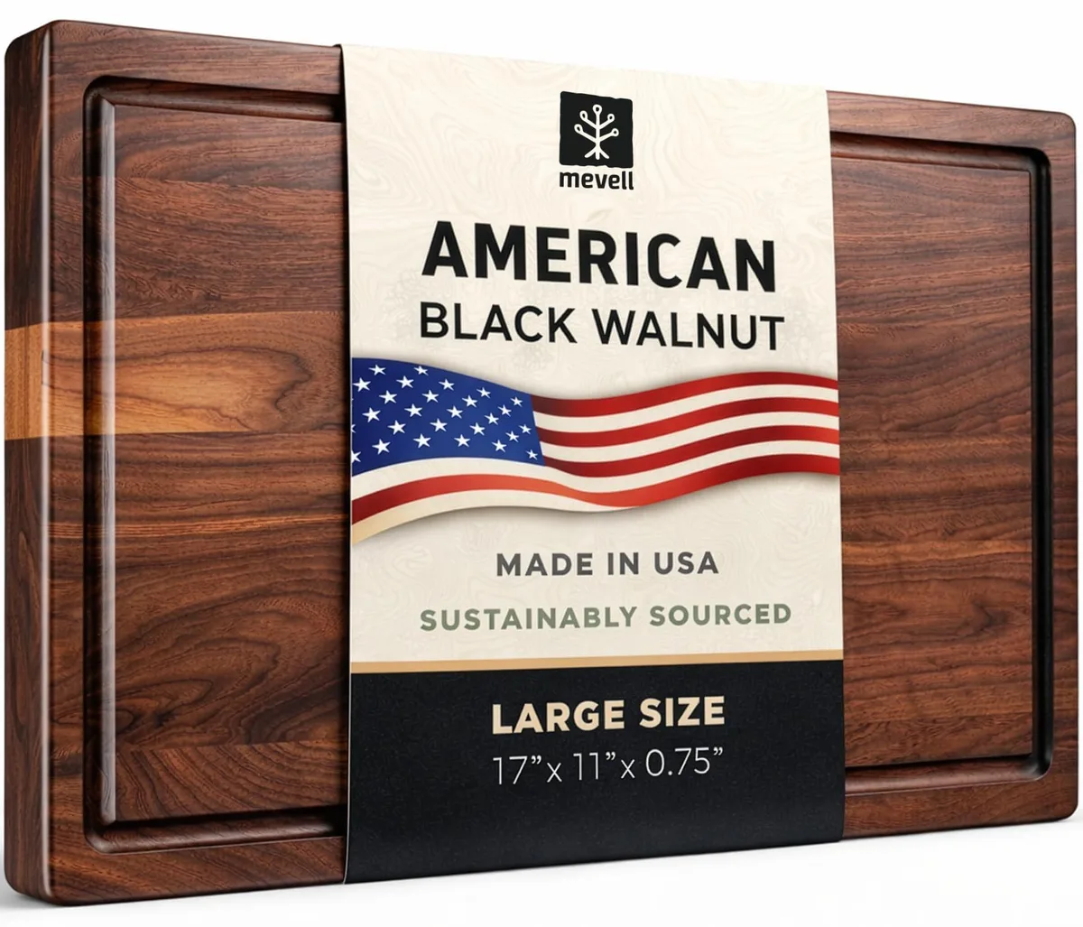 Rectangular walnut cutting board 17 x 11 x .75 in with juice groove on one side