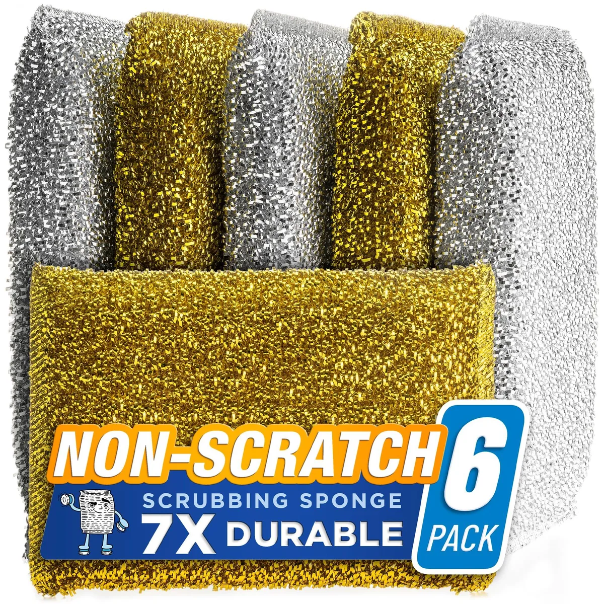 Six silver and gold polyurethane scrub pads in a rectangular pack