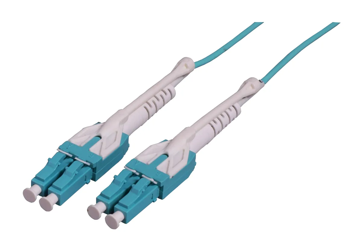 Aqua duplex fiber patch cable with uniboot LC connectors and pull-push tabs, 1 m length