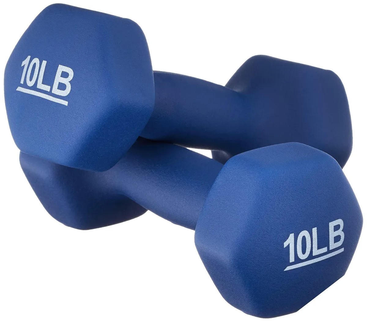 Pair of navy blue neoprene dumbbells with hex ends and printed weight numbers