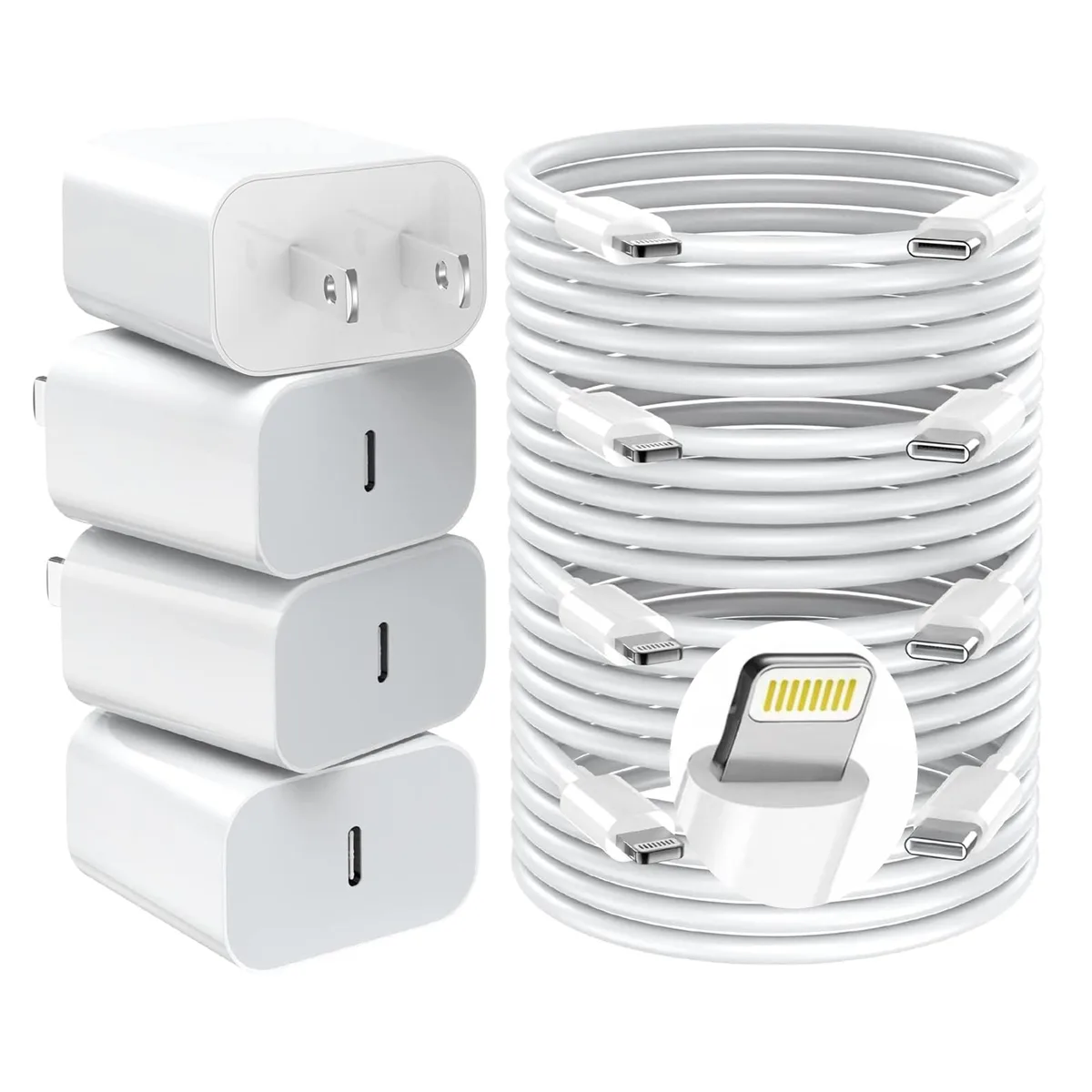 Four white USB-C wall chargers and four white USB-C to Lightning cables