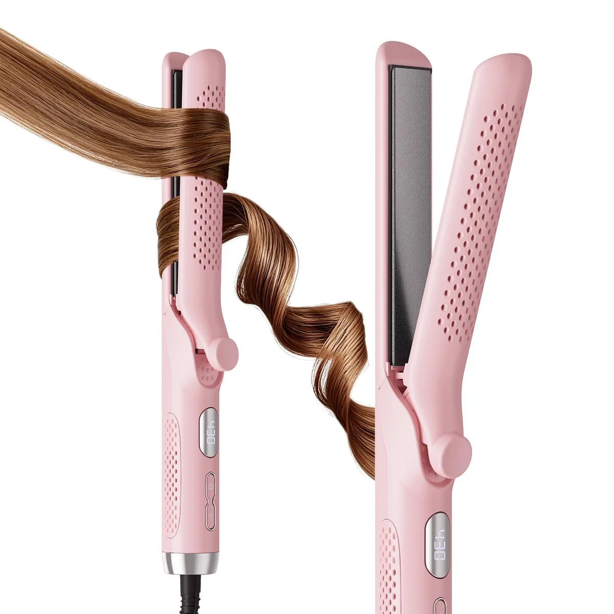 Sleek white 2-in-1 hair styler with cool-air vents and clamp plates