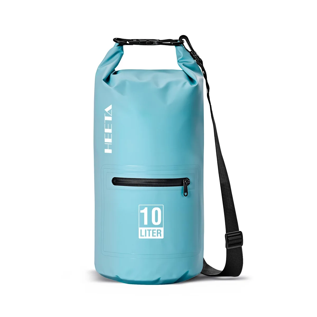 Beige 10L roll-top dry bag with front zip pocket and shoulder strap