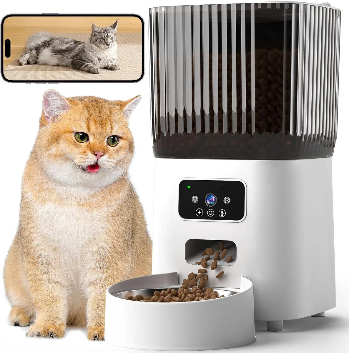 White cylindrical pet feeder with front camera lens and stainless steel bowl