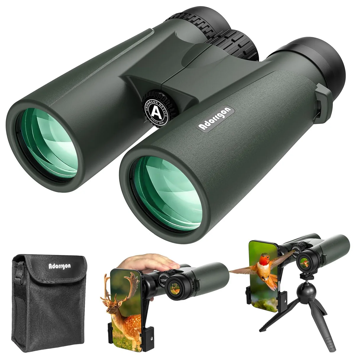 Adorrgon 15x45 Binoculars Dark Green with Phone Adapter Tripod — product photo