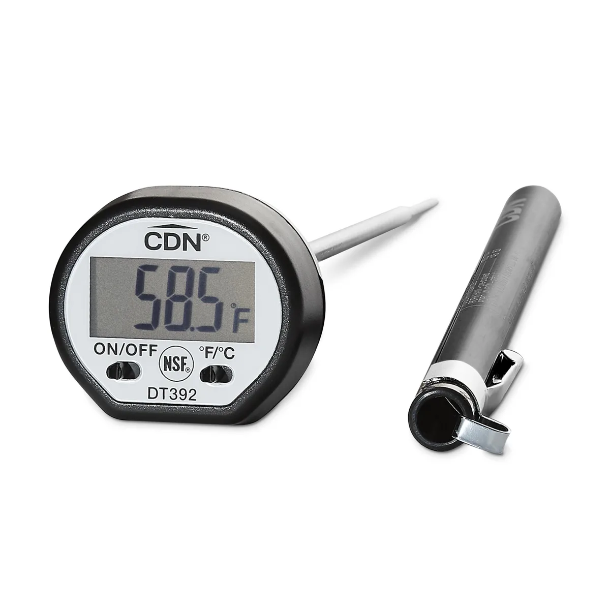 White digital food thermometer with thin stainless steel probe and pocket clip