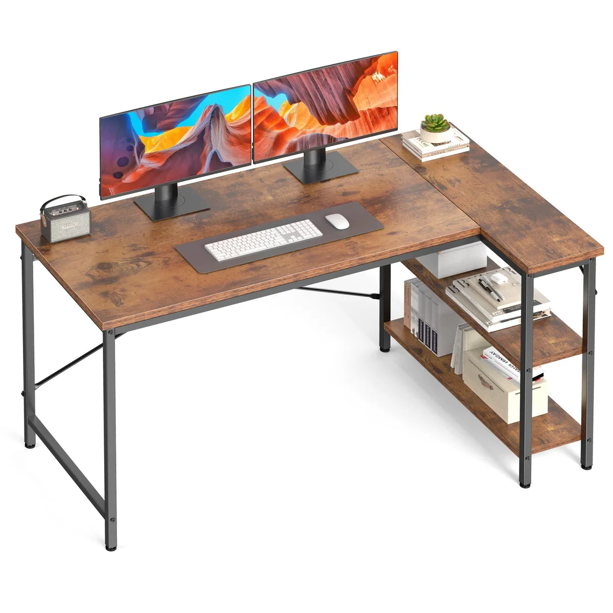 Rustic brown L-shaped desk with metal frame and two shelves