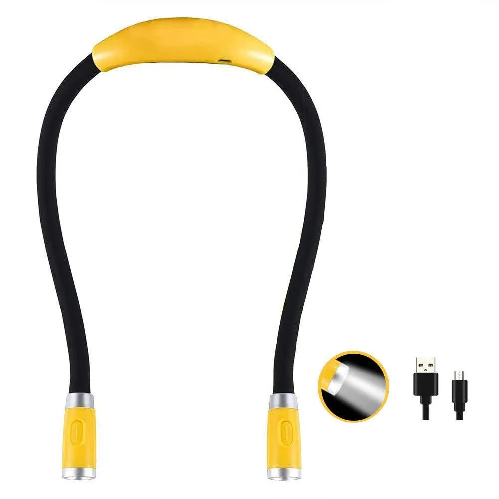 A flexible neck-worn book light with four LEDs on two adjustable arms, matte finish, micro-USB port visible